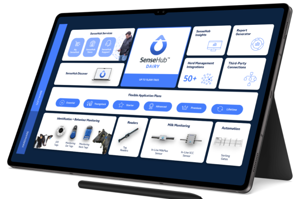 A tablet showing SenseHub Dairy report app