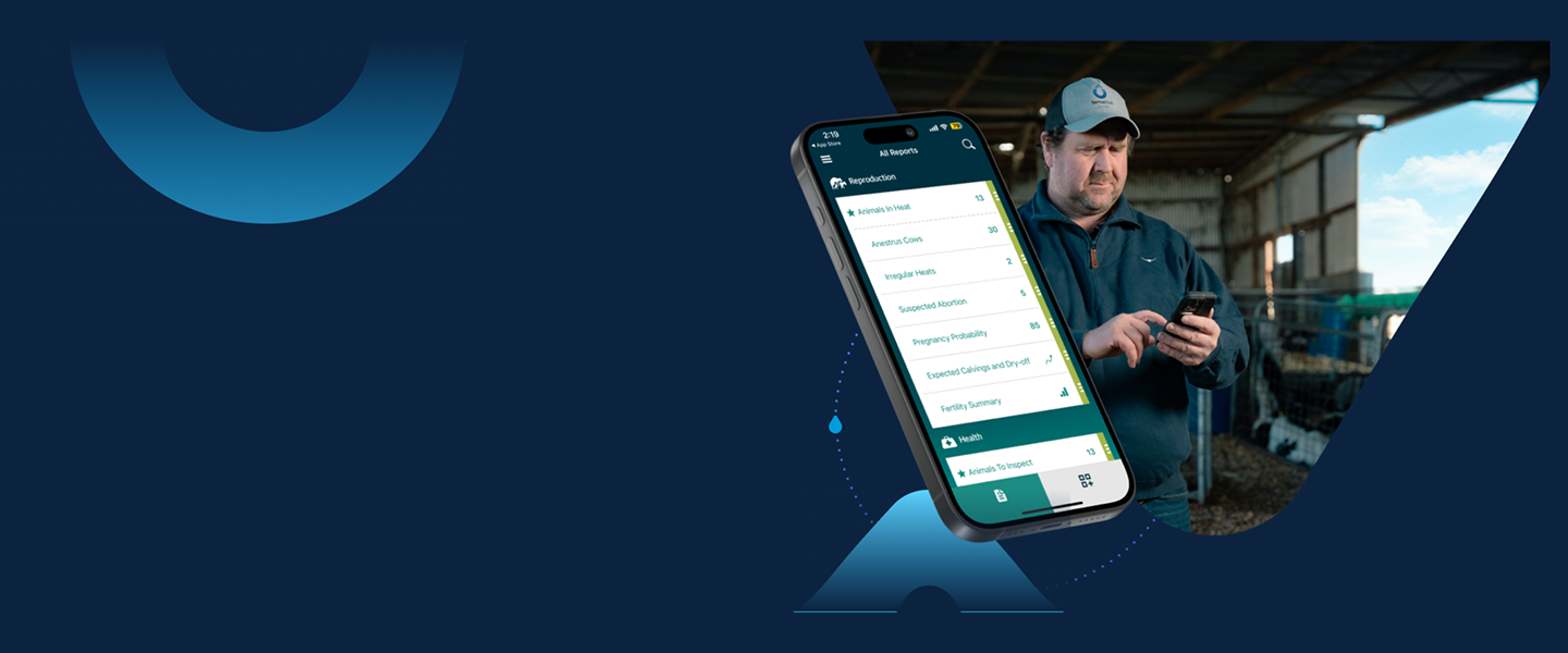 Hero Desktop SenseHub mobile app displaying livestock monitoring data alongside a farmer on a dairy farm.