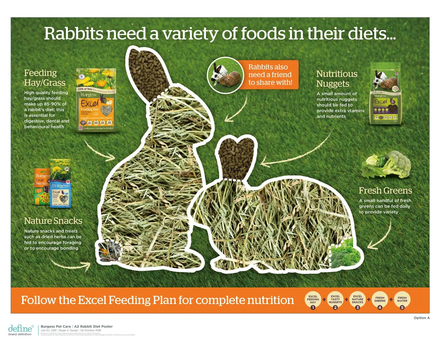 Rabbit Diet Informational Poster An informational poster details a healthy rabbit diet with illustrations of rabbits filled with hay and text about food groups.