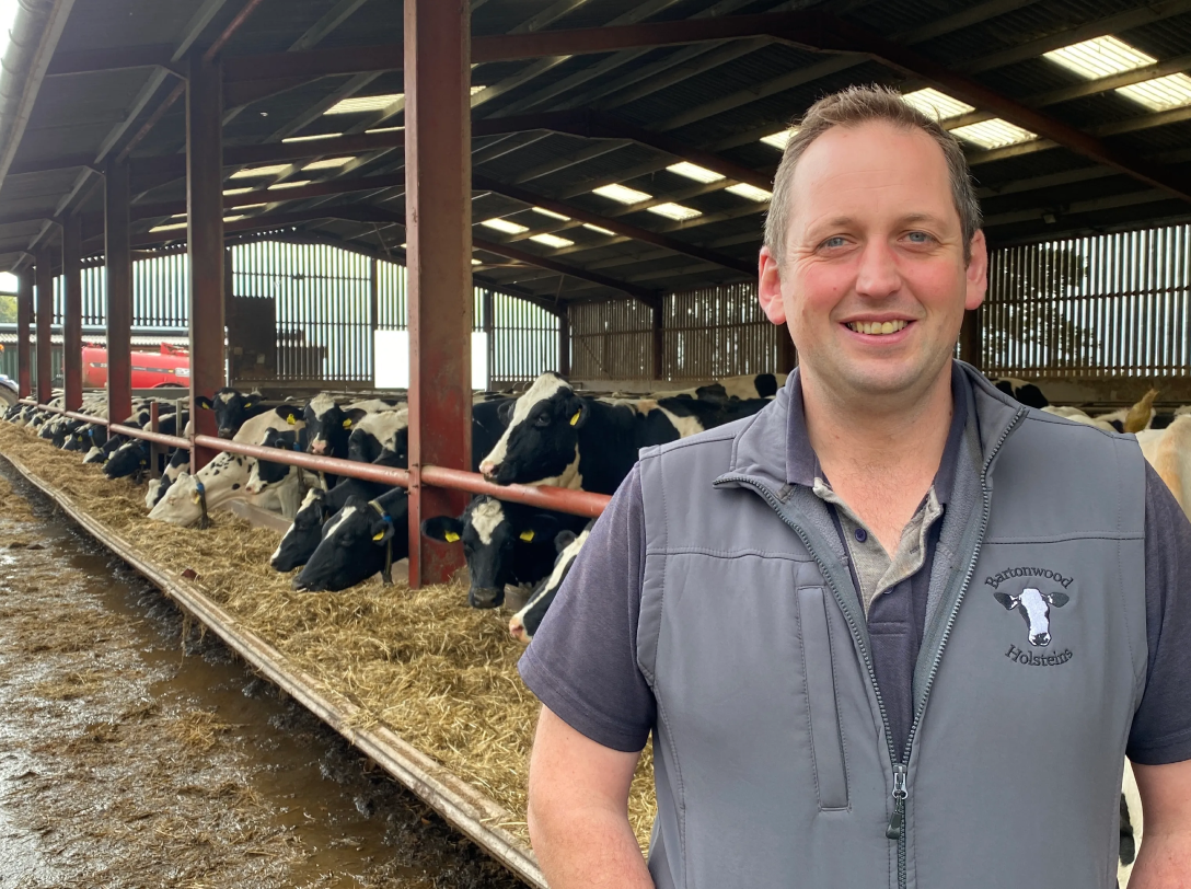 Dairy Farmer at Bartonwood Holsteins A portrait of a smiling farmer wearing a grey "Bartonwood Holsteins" vest standing in front of black and white Holstein cows feeding in a large barn.